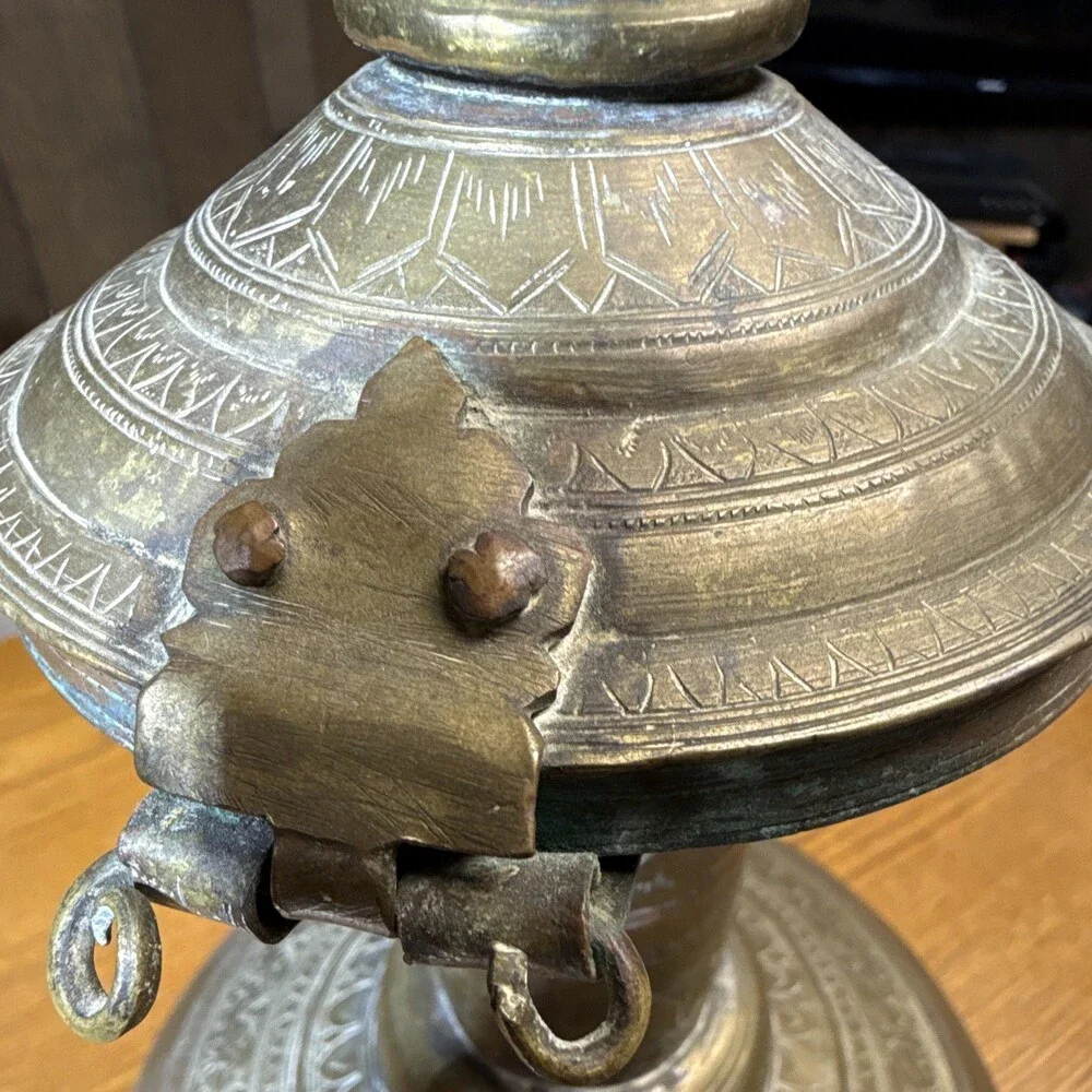 Antique Indo-Persian Engraved Brass Lidded Vessel or Water Ewer